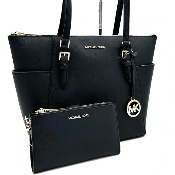 Michael Kors Large Charlotte Tote Bag & Large Double Zip Wallet Black (NWT) - Picture 2 of 14